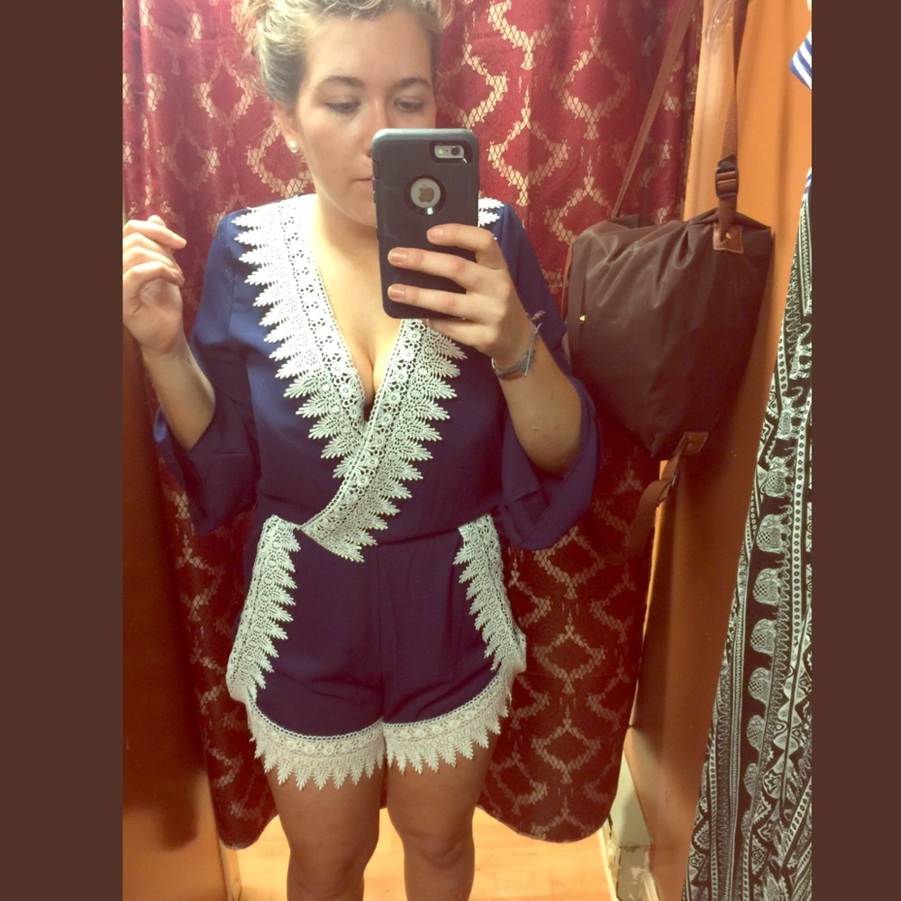 Lace trimmed Navy blue romper